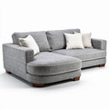Gray fabric sectional sofa with plush cushions and wooden legs 200 x 150 x 85cm