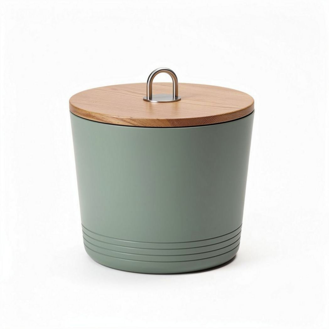 Green metal storage container with bamboo lid and handle 30 x 30 x 25cm