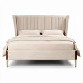 Upholstered bed with wingback headboard in beige fabric 200 x 160 x 120cm