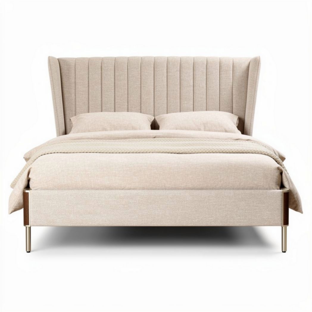 Upholstered bed with wingback headboard in beige fabric 200 x 160 x 120cm