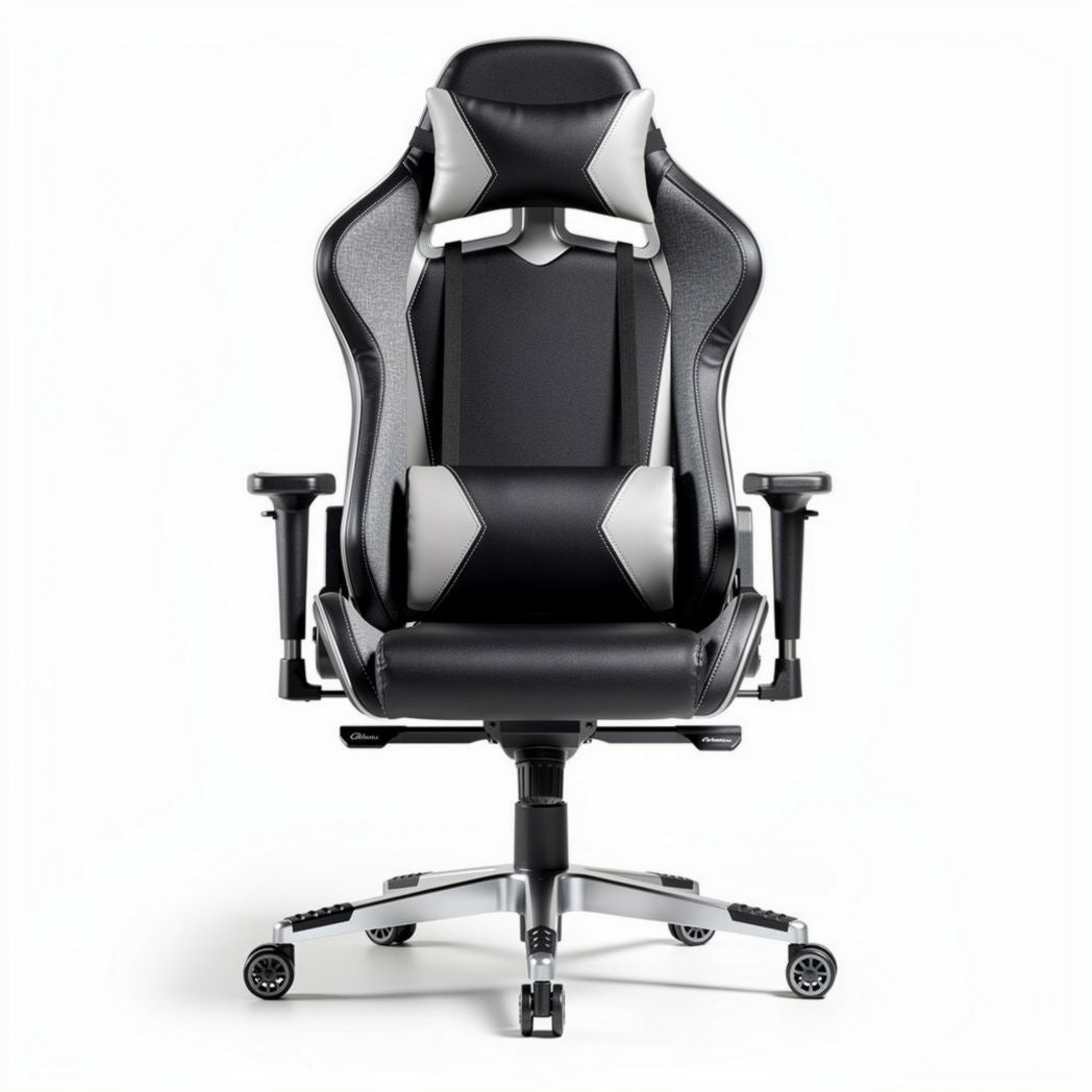 Ergonomic gaming chair with adjustable arms and lumbar support in black and silver