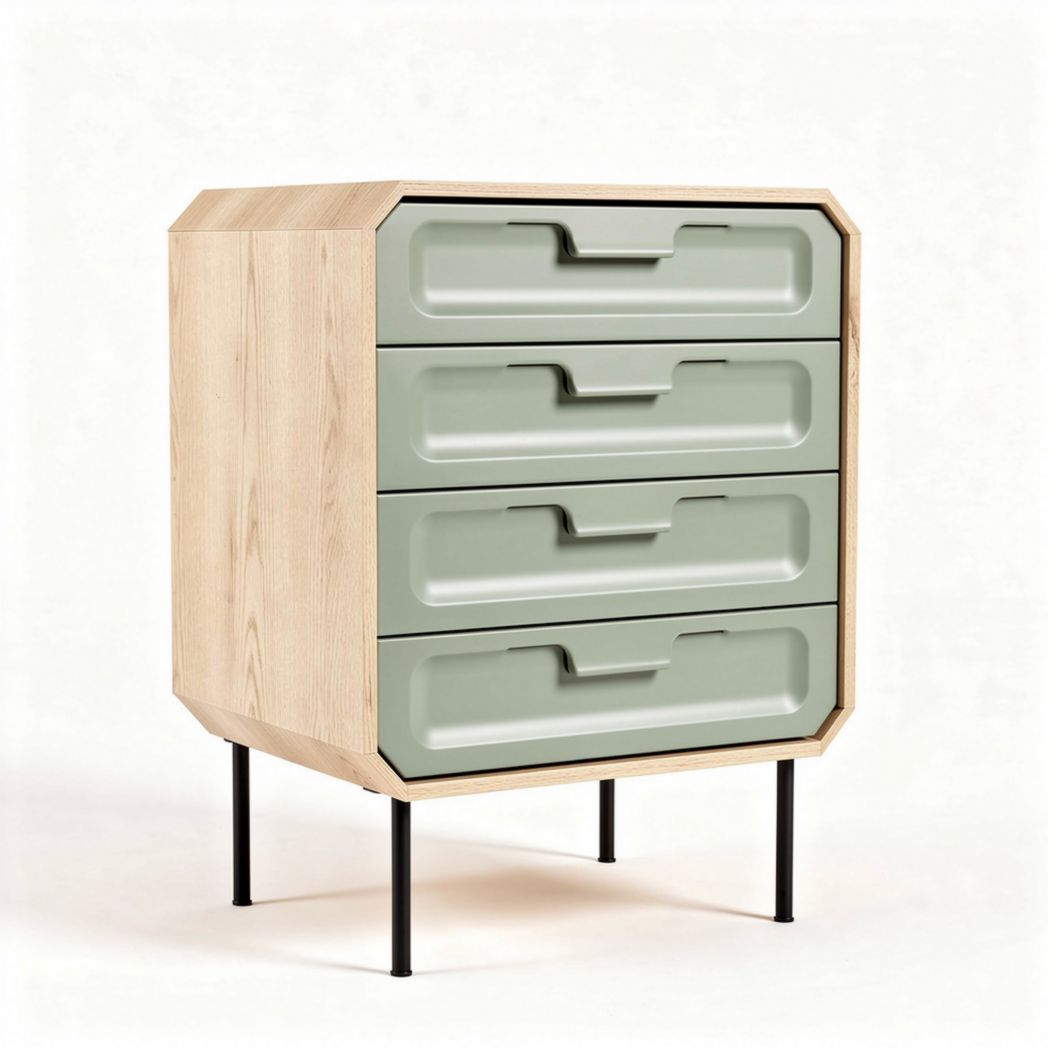 Four-drawer storage cabinet with green plastic drawers and wooden frame 70 x 40 x 90cm