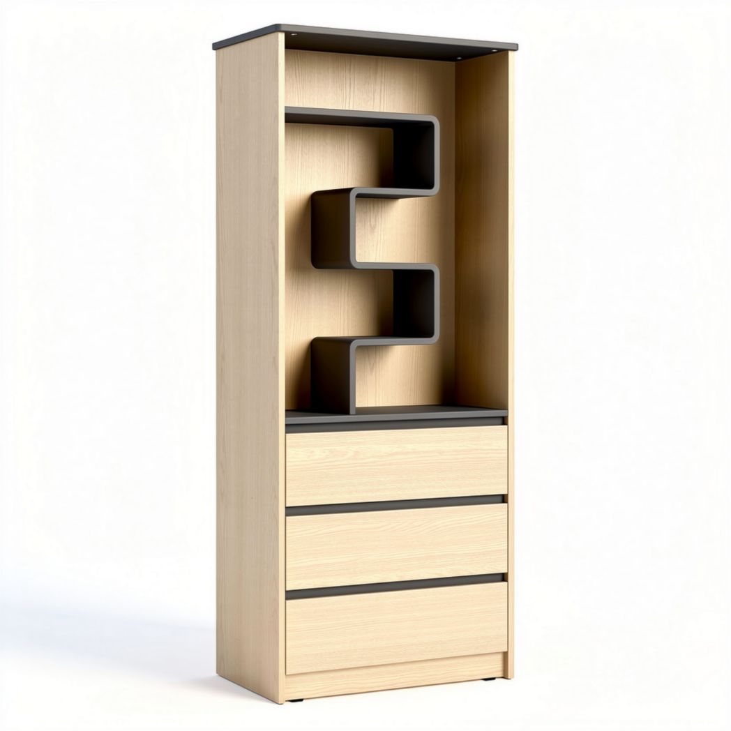 Wooden storage cabinet with three drawers and modern geometric shelves 180 x 80 x 40cm
