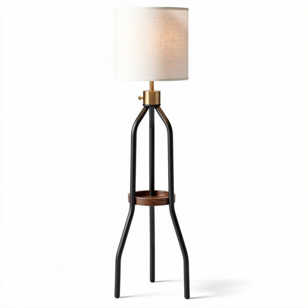 Modern floor lamp with linen shade and wooden accent 50 x 50 x 150cm