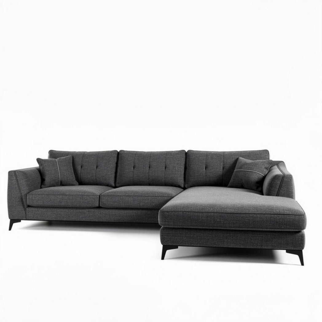 L-shaped sectional sofa in dark gray fabric with detachable cushions 230 x 90 x 85cm